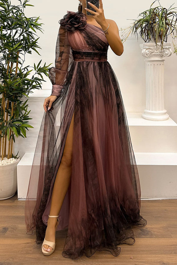 One Shoulder Floral Print Rosette Puff Sleeve Pleated Side Slit Maxi Dress