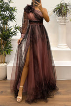 One Shoulder Floral Print Rosette Puff Sleeve Pleated Side Slit Maxi Dress