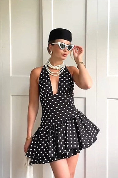 Polka Dot Halter Deep V-Neck Fit and Flare Mini Dress