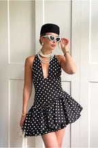 Polka Dot Halter Deep V-Neck Fit and Flare Mini Dress
