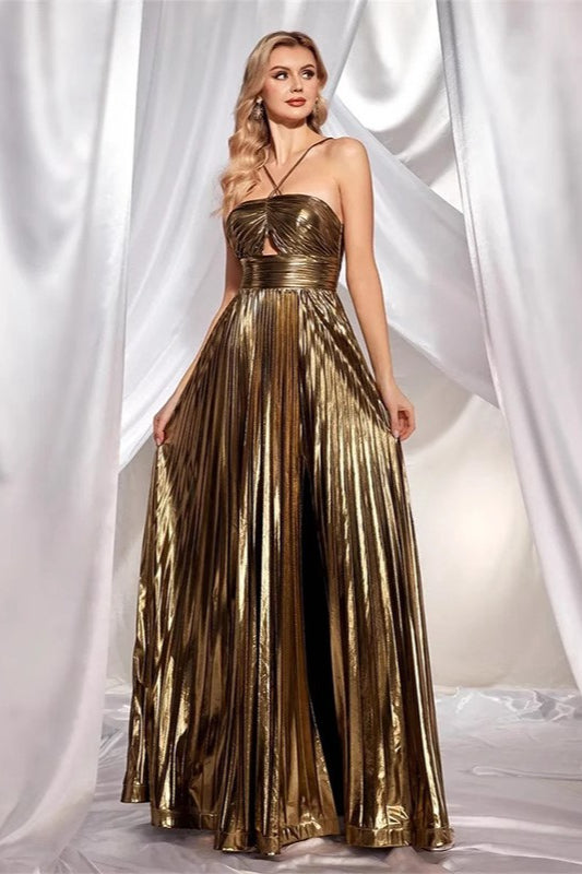 Pleated Metallic Halter Neck Cutout High Slit Maxi Gown
