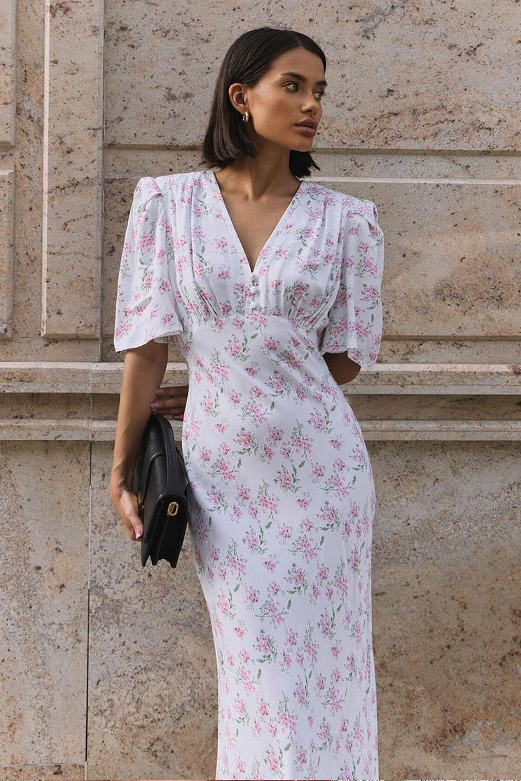 White Deep V Neck Puff Sleeve Empire Waist Button Detail Ditsy Floral Midi Dress