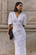 White Deep V Neck Puff Sleeve Empire Waist Button Detail Ditsy Floral Midi Dress