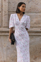 White Deep V Neck Puff Sleeve Empire Waist Button Detail Ditsy Floral Midi Dress