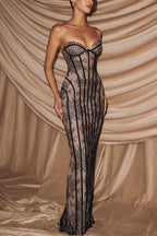 Sian Floral Lace Contrast Structural Detail Back Lace-up Strapless Slit Maxi Dress