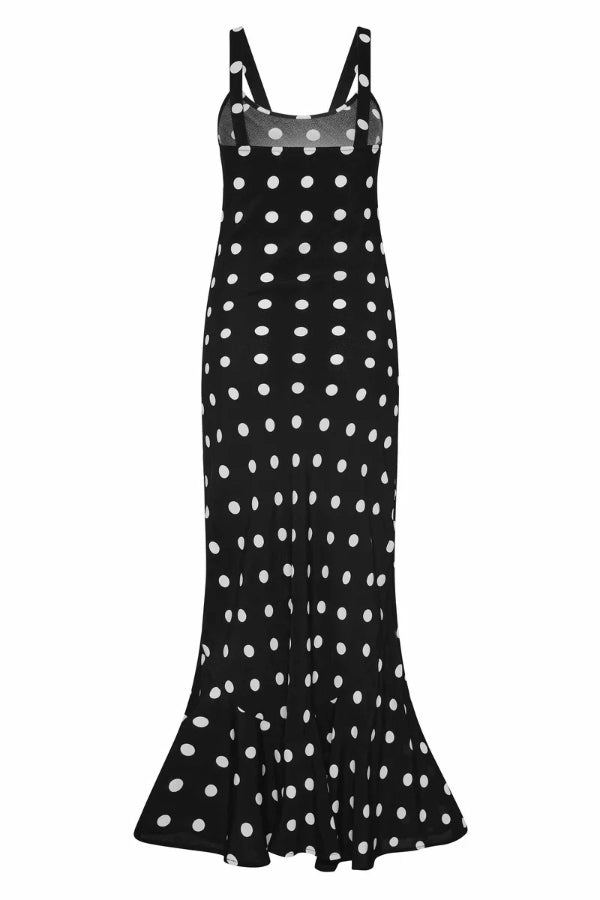 Polka Dot Print Sleeveless Spaghetti Strap Slim-fit Elegant Ruffled Hem Maxi Dress