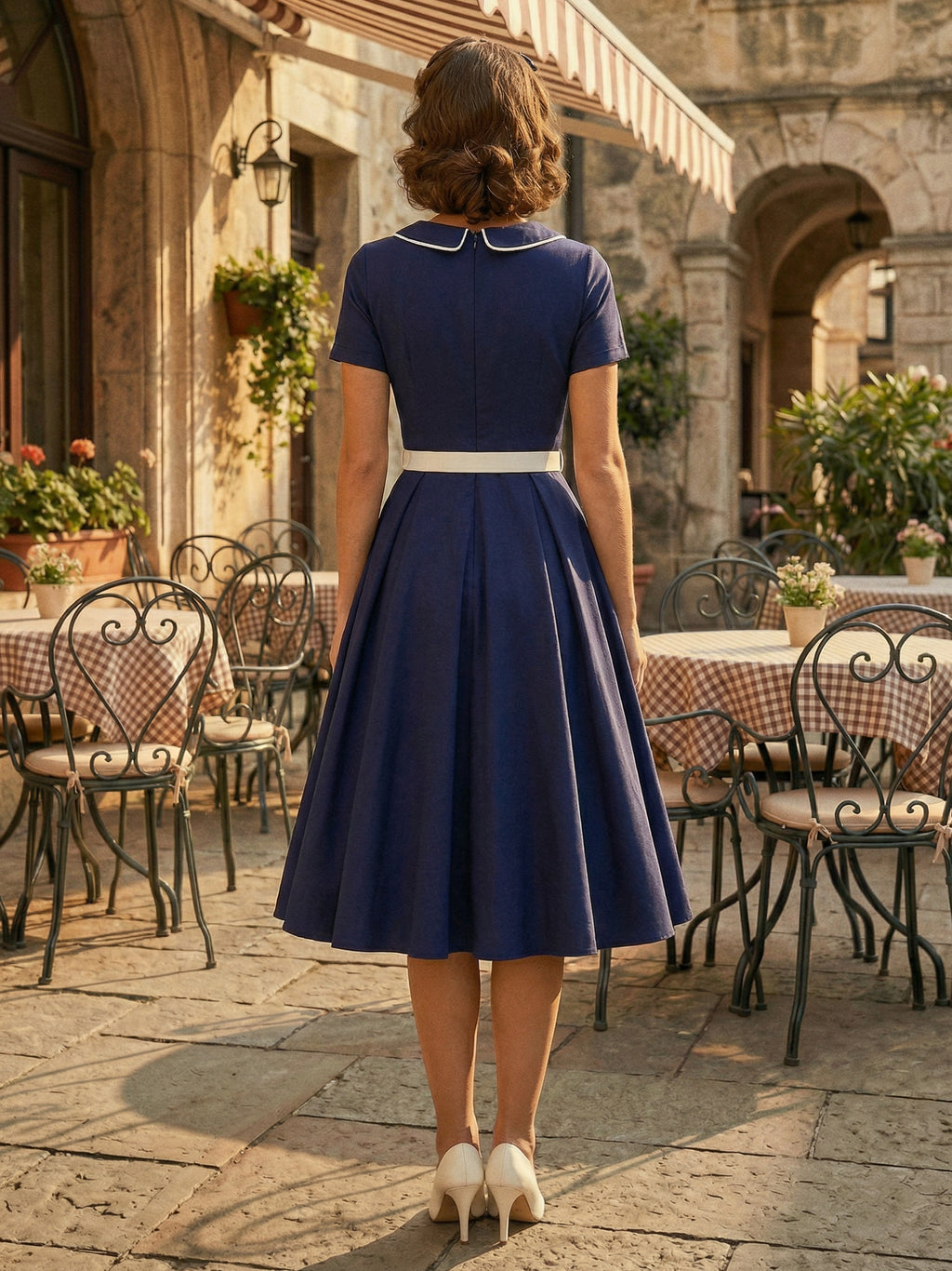 Contrast Piping Bow Neck Button Decor Pleated A Line Swing Dress For Women 2026