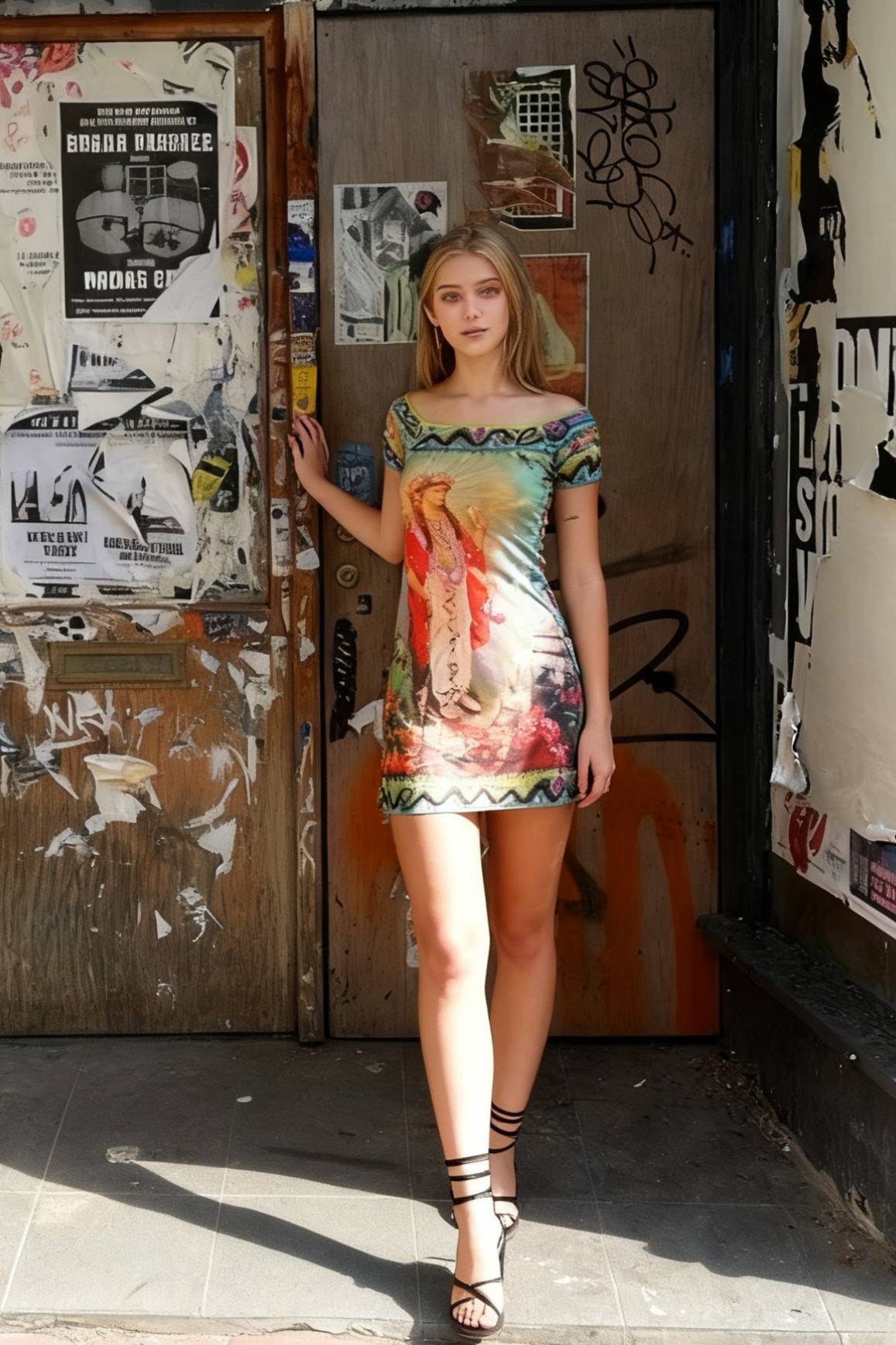Mesh Classical Art Print Boat Neck Short Sleeve Bodycon Mini Dress