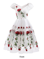 Rose Embroidered Vintage Midi Swing Dress for Women - 1950s Off Shoulder Style A-Line - Summer Tea Party 2026