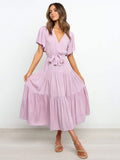 Boho Ruffle Tiered Midi Dress for Women - Lilac V Neck Flutter Sleeve A-Line Flowy Wrap Sun Dress - Summer Wedding Guest 2026