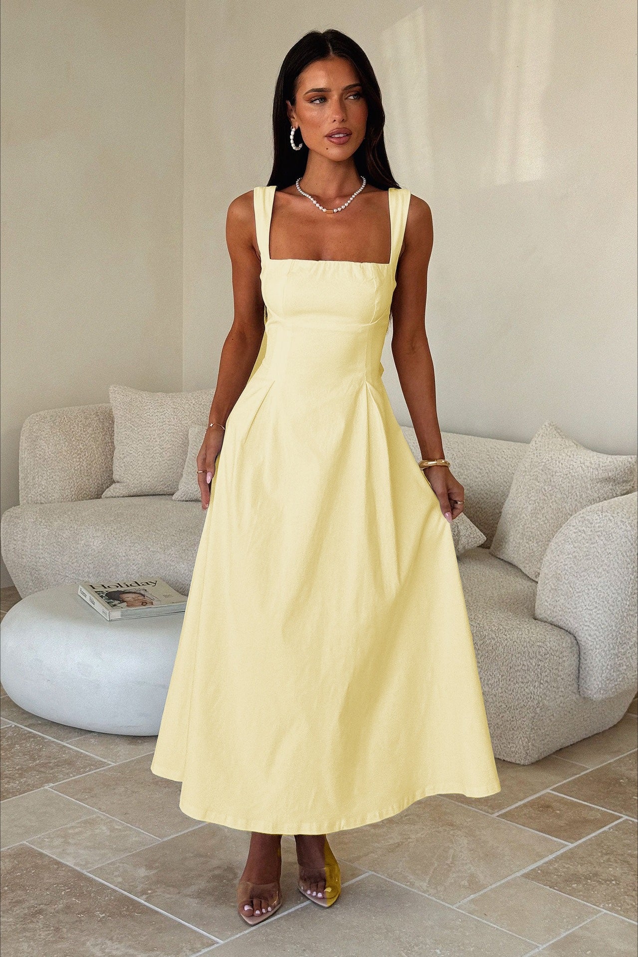 Square Neck Gathered Bust Wide Strap Pleated Pocket Midi Dress