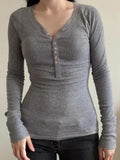 Solid Color Breasted V Neck Long Sleeve Knit