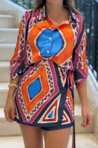 Seville Unique Printed Long Sleeve Shirt and Wrap Tie-up Mini Skirt Set