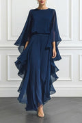 Chic Midnight Blue Ruffled Overlay Wide-Leg Pantsuit