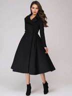 Green Woolen Flared Coat Double-breasted Wide Lapel Winter A-line Midi Outerwear 2026
