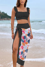 Floral Print Ruffled Two-piece Stretch Bikini Swimsuit and Elegant Gauze Scarf Set