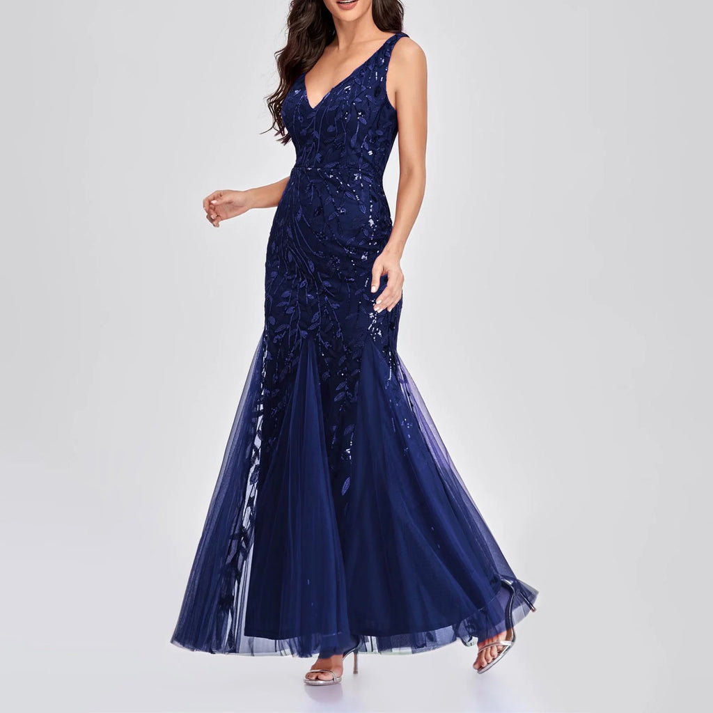 Long Ball Gowns for Women Sparkly Formal Chiffon Sequin Dress V Neck Prom Maxi Dress Bodycon Mermaid Evening Gowns