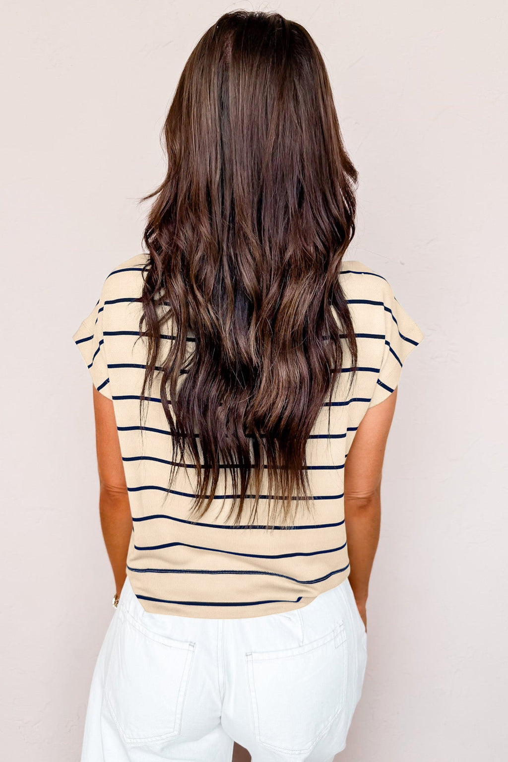 Khaki Stripe Mock Neck Short Sleeve Loose Top