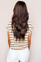 Khaki Stripe Mock Neck Short Sleeve Loose Top