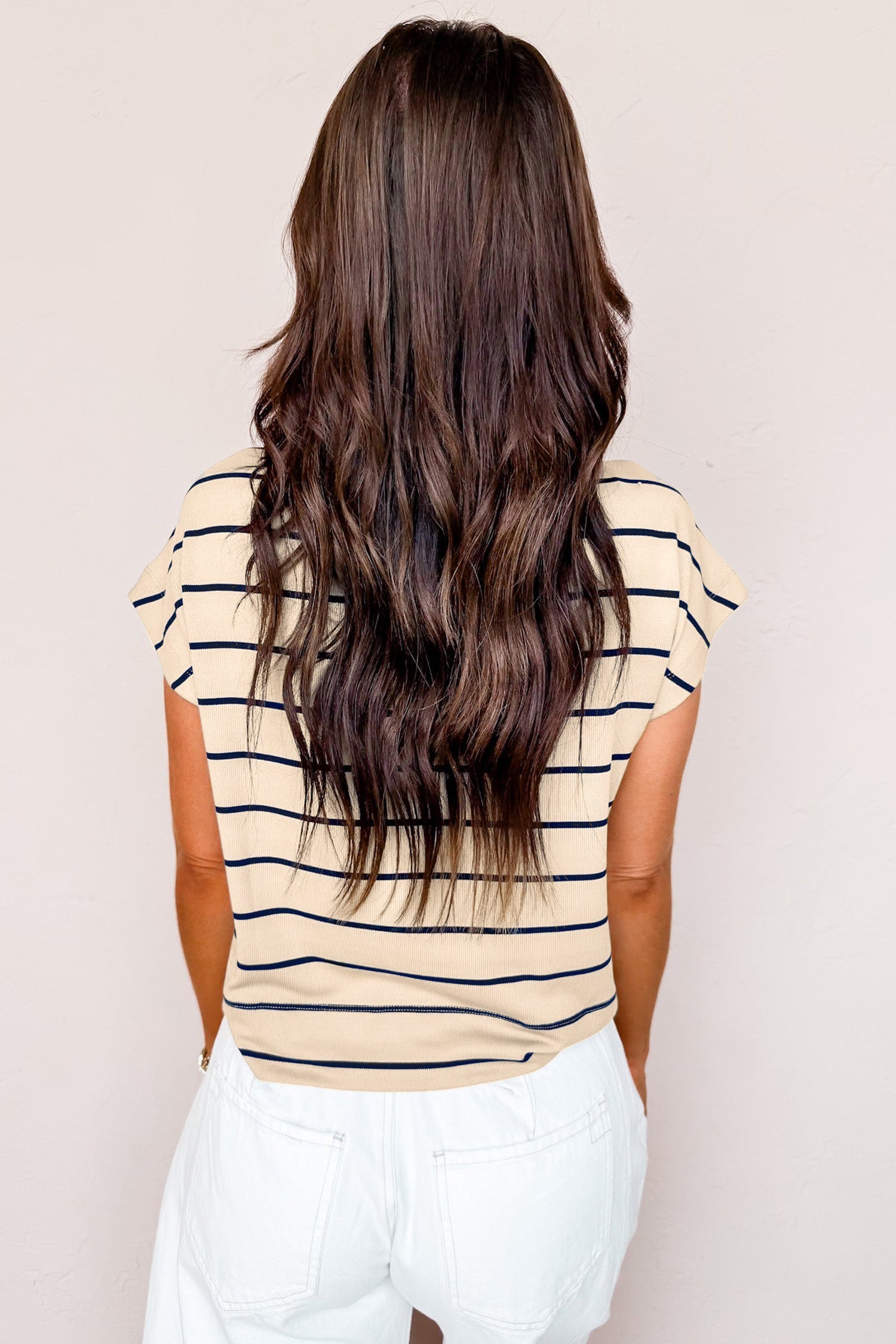 Khaki Stripe Mock Neck Short Sleeve Loose Top