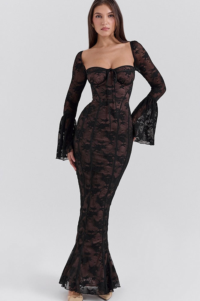 Lace Square Neck Milkmaid Tie Front Corset Seam Bell Sleeve Mermaid Maxi Dress