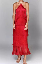Halter Neck Tiered Fringe Midi Dress