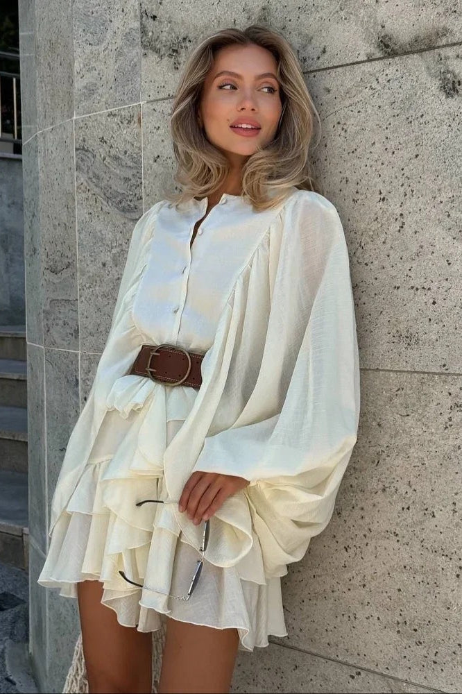 Button Front Round Neck Lantern Sleeve Tiered Ruffle Mini Dress