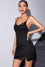 Lace Trim Deep V-Neck Spaghetti Strap Side Slit Bodycon Mini Dress