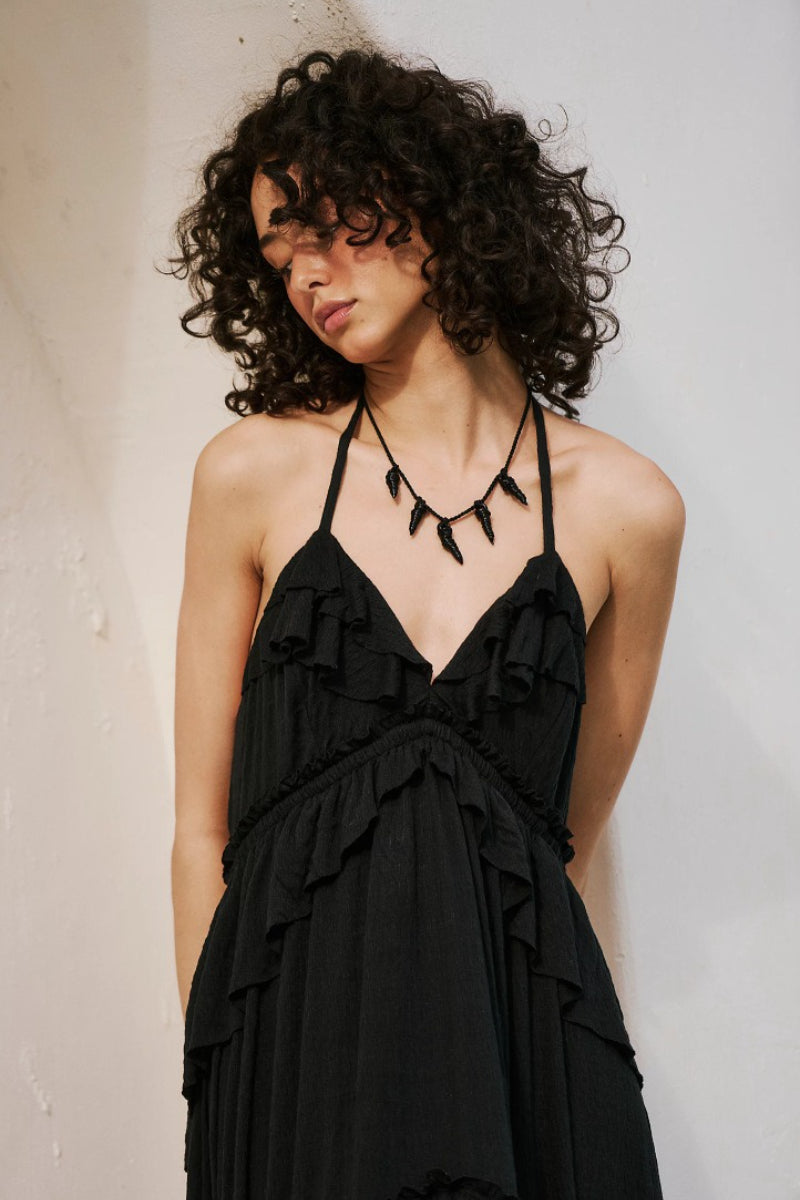 Halter Back Tie Tiered Ruffle Maxi Skirt Two Piece Set