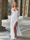 Lace Insert Long Sleeve Split Slim Fit Party Dress