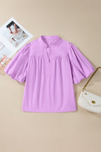 Phalaenopsis Stitched Detail V Neck Puffy Half Sleeve Blouse