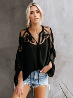 Blouse For Women White Sheer Flowers Embroidered Bohemian Long Sleeves Tops