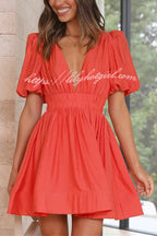 Deep V-Neck Puff Sleeve Smocked Waist Fit and Flare Mini Dress
