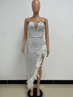 Burgundy Sequin Dresses Strapless Plunge Lace-up Back Feather Birthday Party Dresses