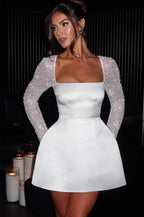 Square Neck Beaded Long Sleeve Fit and Flare Mini Cocktail Dress