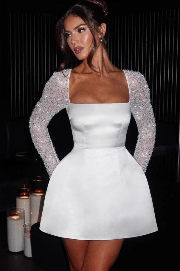 Square Neck Beaded Long Sleeve Fit and Flare Mini Cocktail Dress