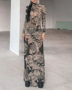 Koi Fish Chrysanthemum Graphic Print Turtleneck Long Sleeve Bodycon Maxi Dress