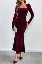 Velvet Square Neck Puff Shoulder Mermaid Hem Maxi Dress