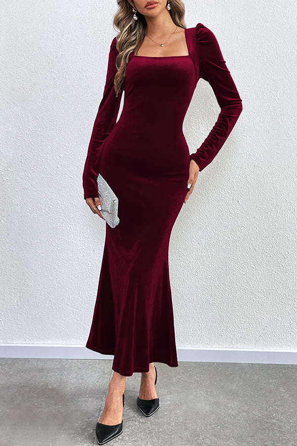Velvet Square Neck Puff Shoulder Mermaid Hem Maxi Dress
