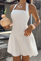White Halter Neck Square Neck Ruffle Hem Mini Dress