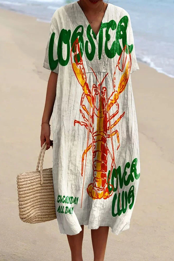 Lobster Print V-Neck Short Sleeve Nautical Stripe Hem Shift Midi Dress