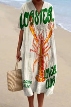 Lobster Print V-Neck Short Sleeve Nautical Stripe Hem Shift Midi Dress