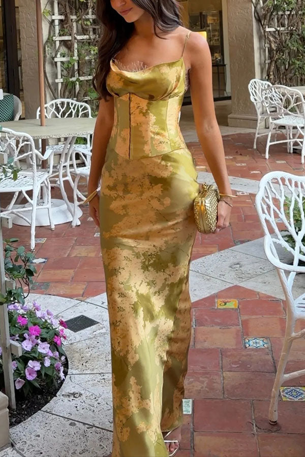 Cleodora Satin Floral Lace Cowl Neck Detachable Corset Slip Drape Maxi Dress
