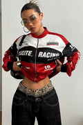 Letter Design Zip Color Block Biker Chic Long Sleeve Jacket