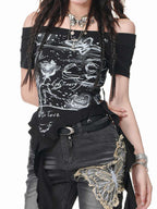 Printed Irregular Ribbon Scoop Neck T-Shirt