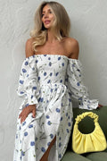 Floral Print Off Shoulder Smocked Puff Sleeve High Split Maxi Dress