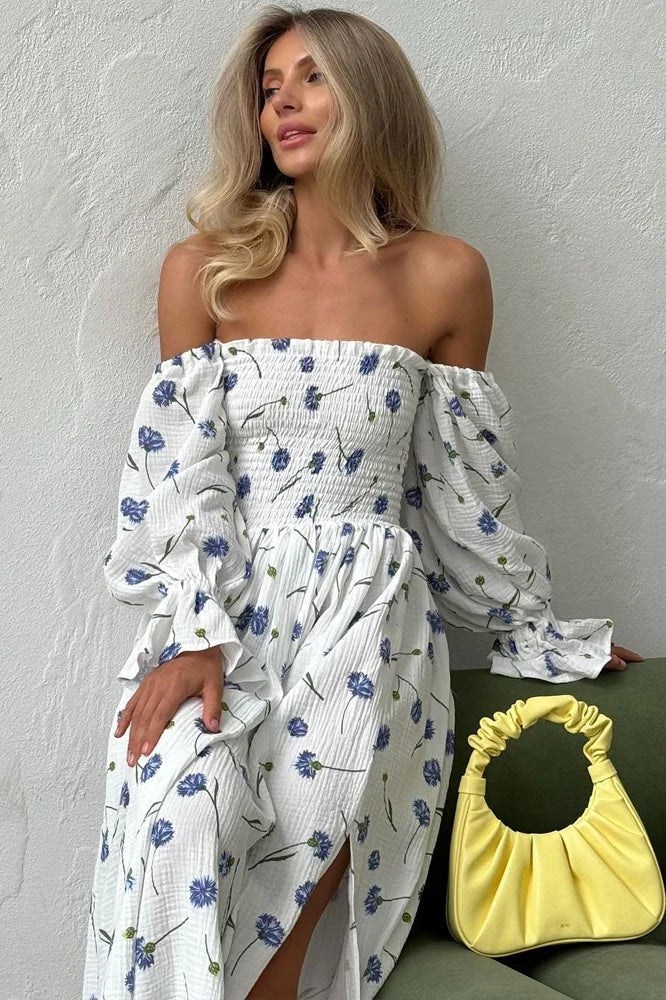 Floral Print Off Shoulder Smocked Puff Sleeve High Split Maxi Dress