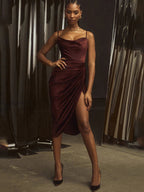 Slim Fit Sexy Halter Neck Satin Split Party Dress