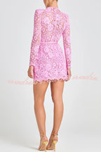 Champagne Toast Flower Lace Long Sleeve Bow Belted Mini Dress