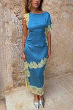 Kira Contrast Color Satin Lace Trim High Rise Maxi Skirt